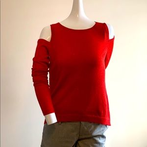 Dorothee Schumacher Shimmer Red Orange Cold Shoulder Lightweight Sweater SM NWOT